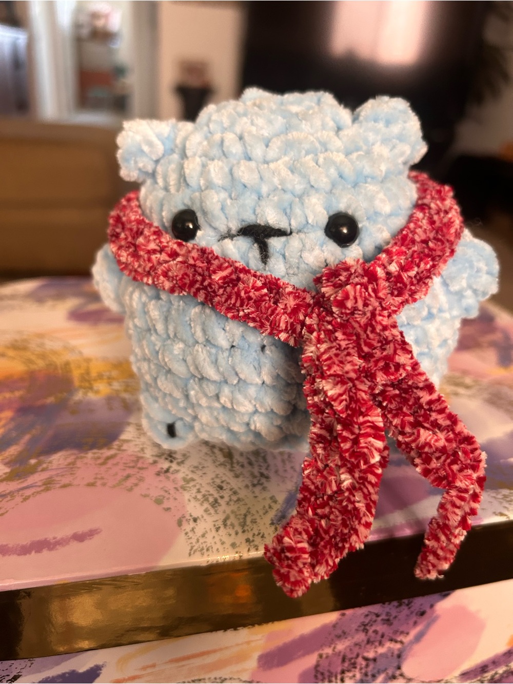 Plush Blue Crochet Polar Bear with Red Scarf - Kids Accessory